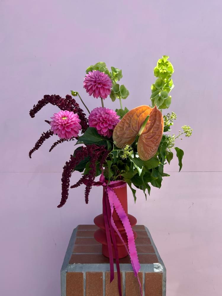 For a Valentineâ€™s Day that`s as charming as it is sweet, this mix of anthurium, dahlias, molluca balm and amaranth is the perfect combo!